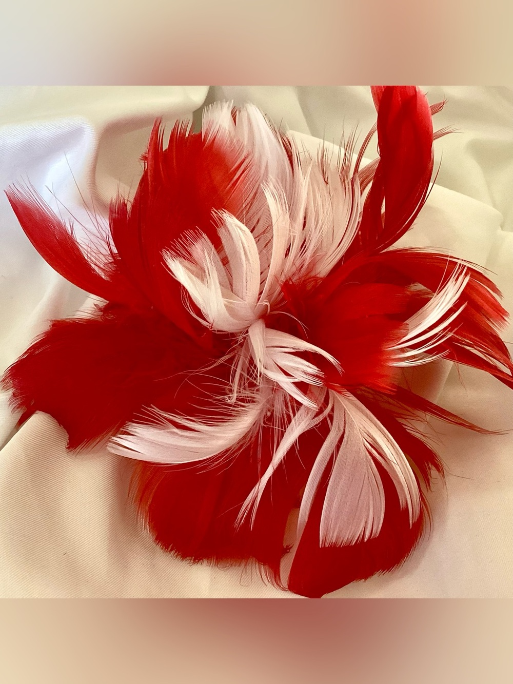 Red and white Feather Fascinator Hair Clip & fashion  brooch pin. Hat ornament